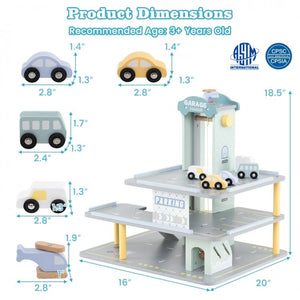 Wooden parking garage with 4 toy cars and helicopter accessories