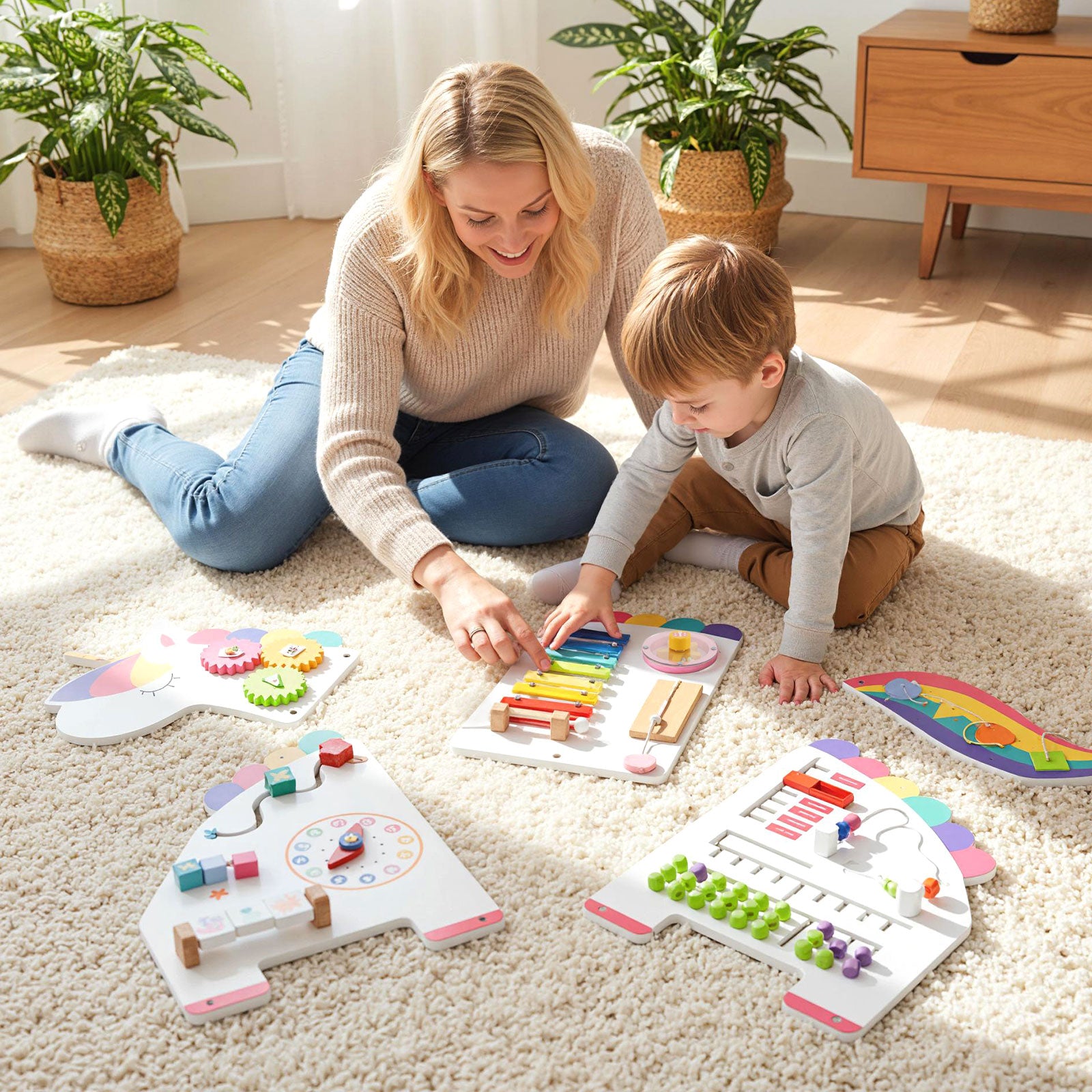 Wooden dinosaur busy board with sensory learning activities for kids