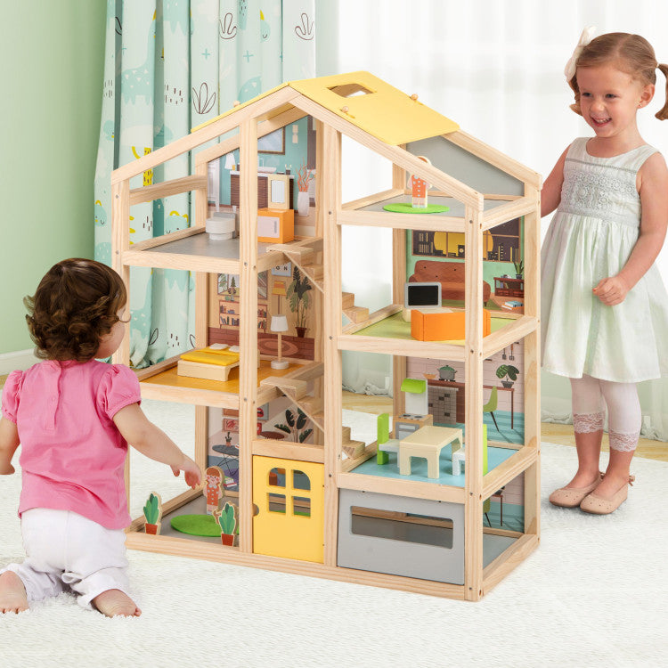 Wooden dollhouse for kids multi-room pretend playset