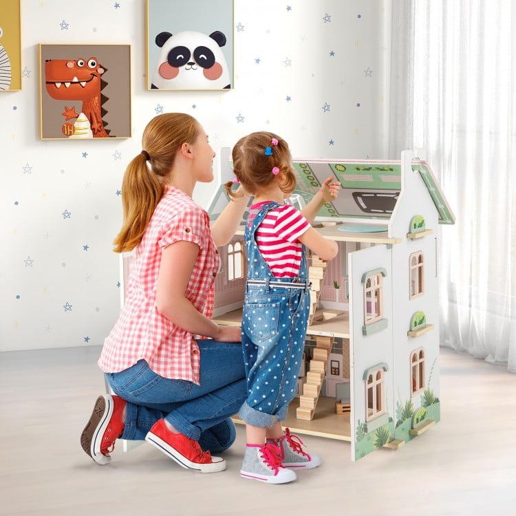 Wooden dollhouse with openable doors and windows