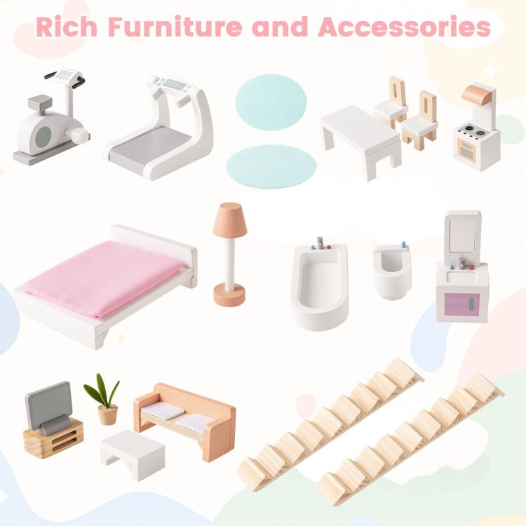 Children playing with 3-level wooden dollhouse