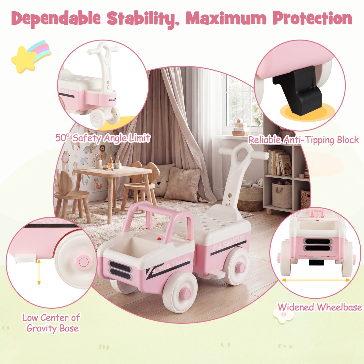 Children's pink and white bed with safety features highlighted on a light green background.