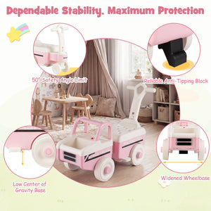 Children's pink and white bed with safety features highlighted on a light green background.