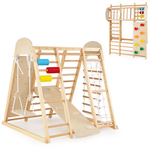 Side view of foldable wooden jungle gym with multiple activities