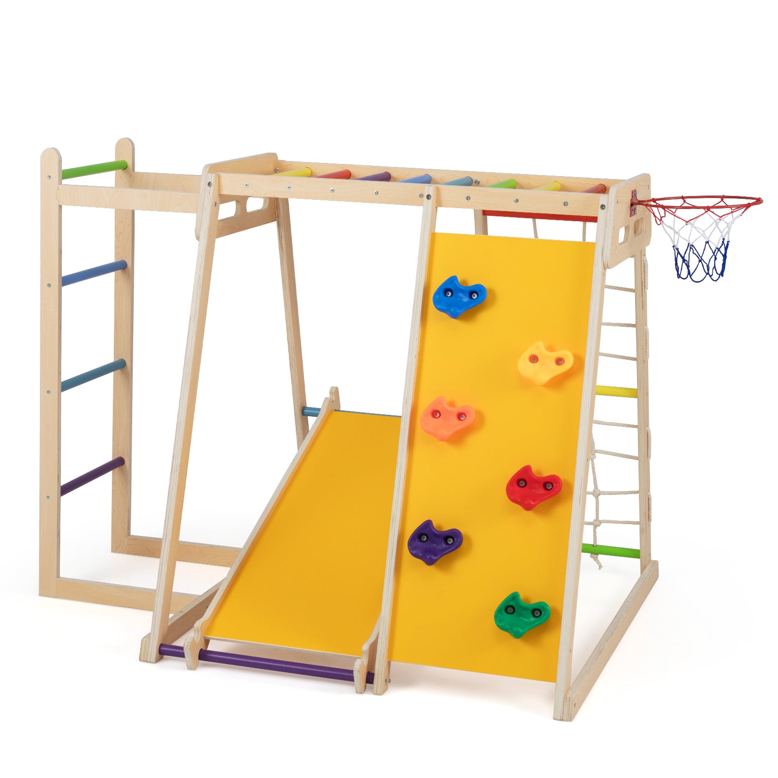 Side view of wooden indoor jungle gym with slide and monkey bars