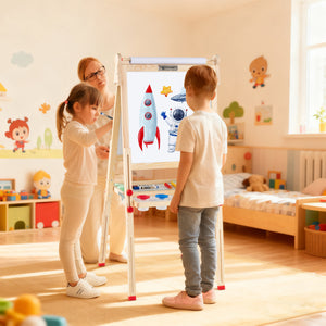 Double sided wooden kids art easel with paper roll