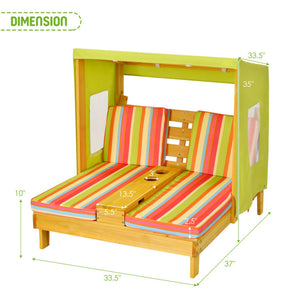 Children's playhouse with striped cushion and dimensions on a white background