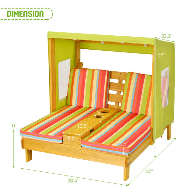 Children's playhouse with striped cushion and dimensions on a white background
