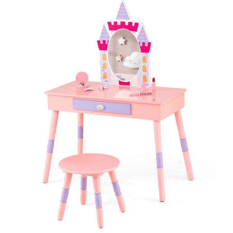 Wooden kids vanity table with stool and storage