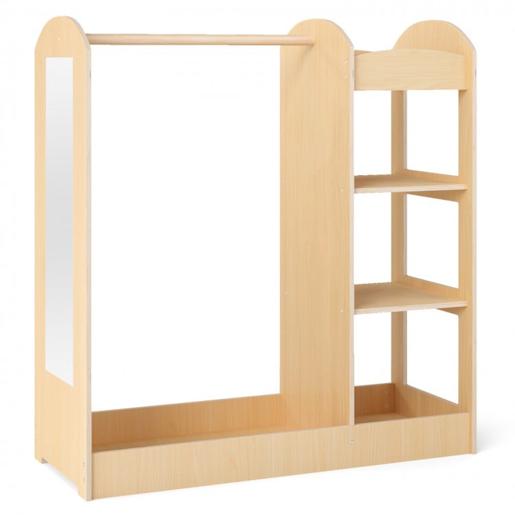 Wooden kids wardrobe closet with hanging rod and full-length mirror