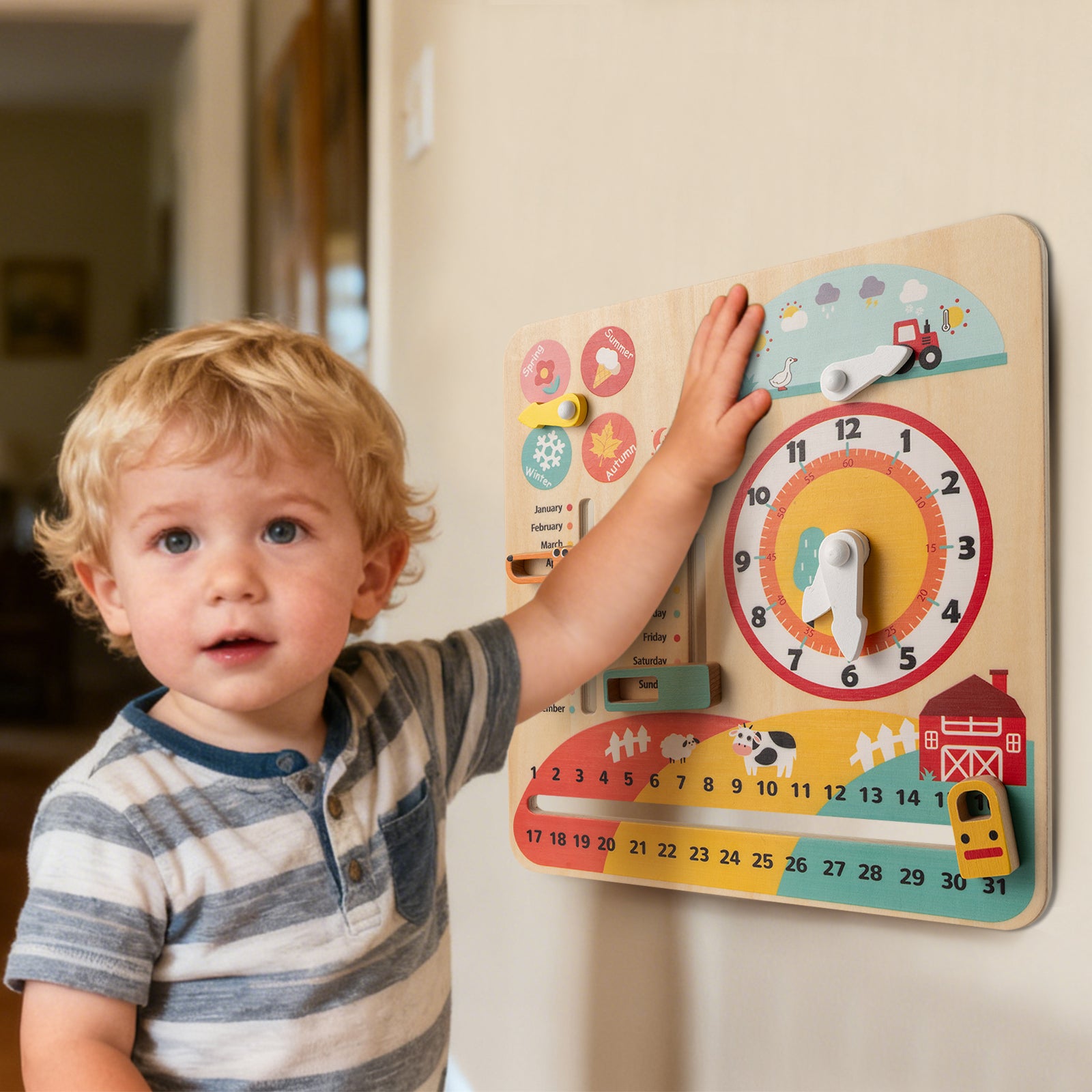 Wooden educational calendar teaching months, dates and weekdays
