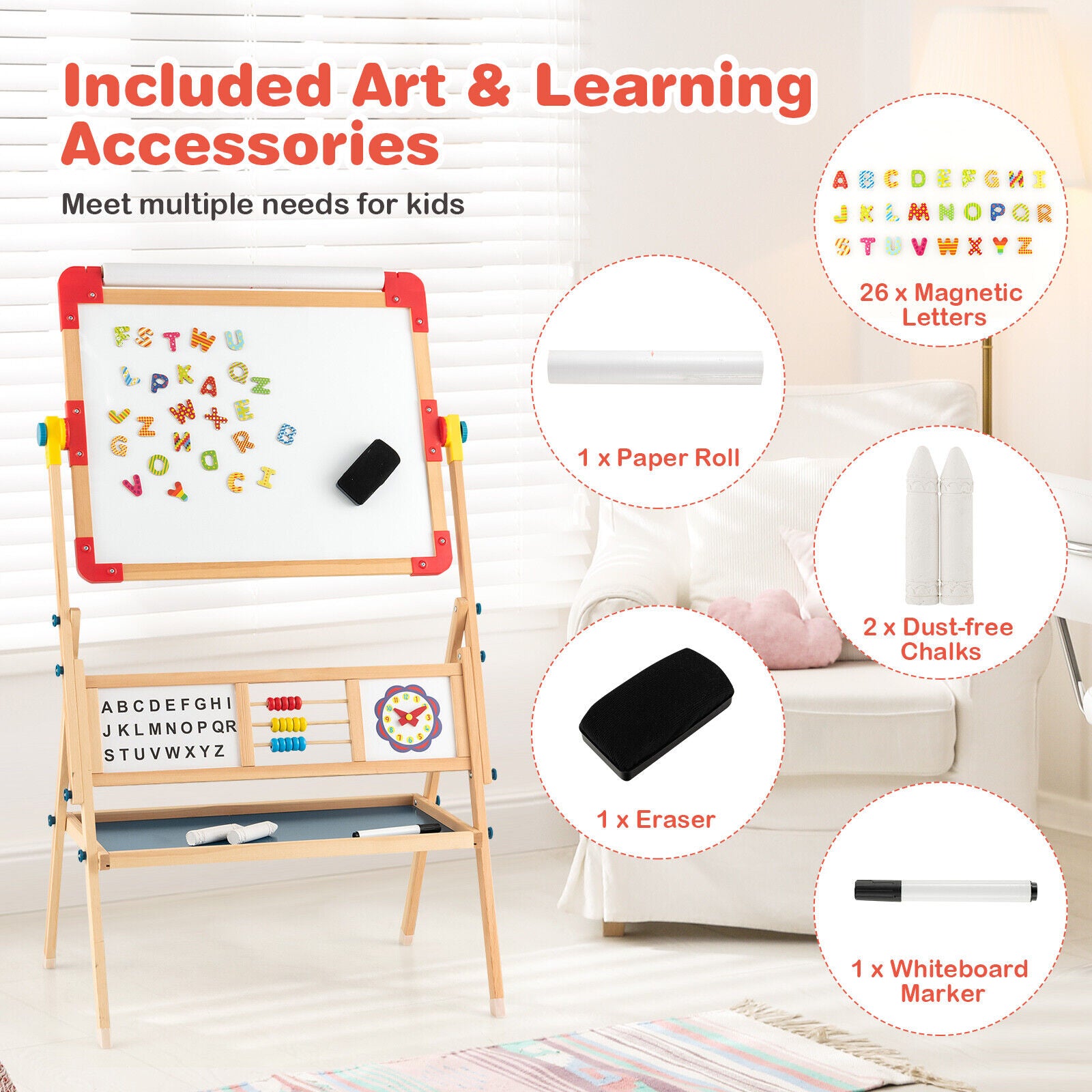 Wooden learning easel with educational activity features