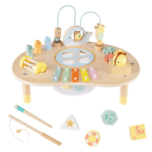 Wooden musical activity table with xylophone and rolling bell for toddlers
