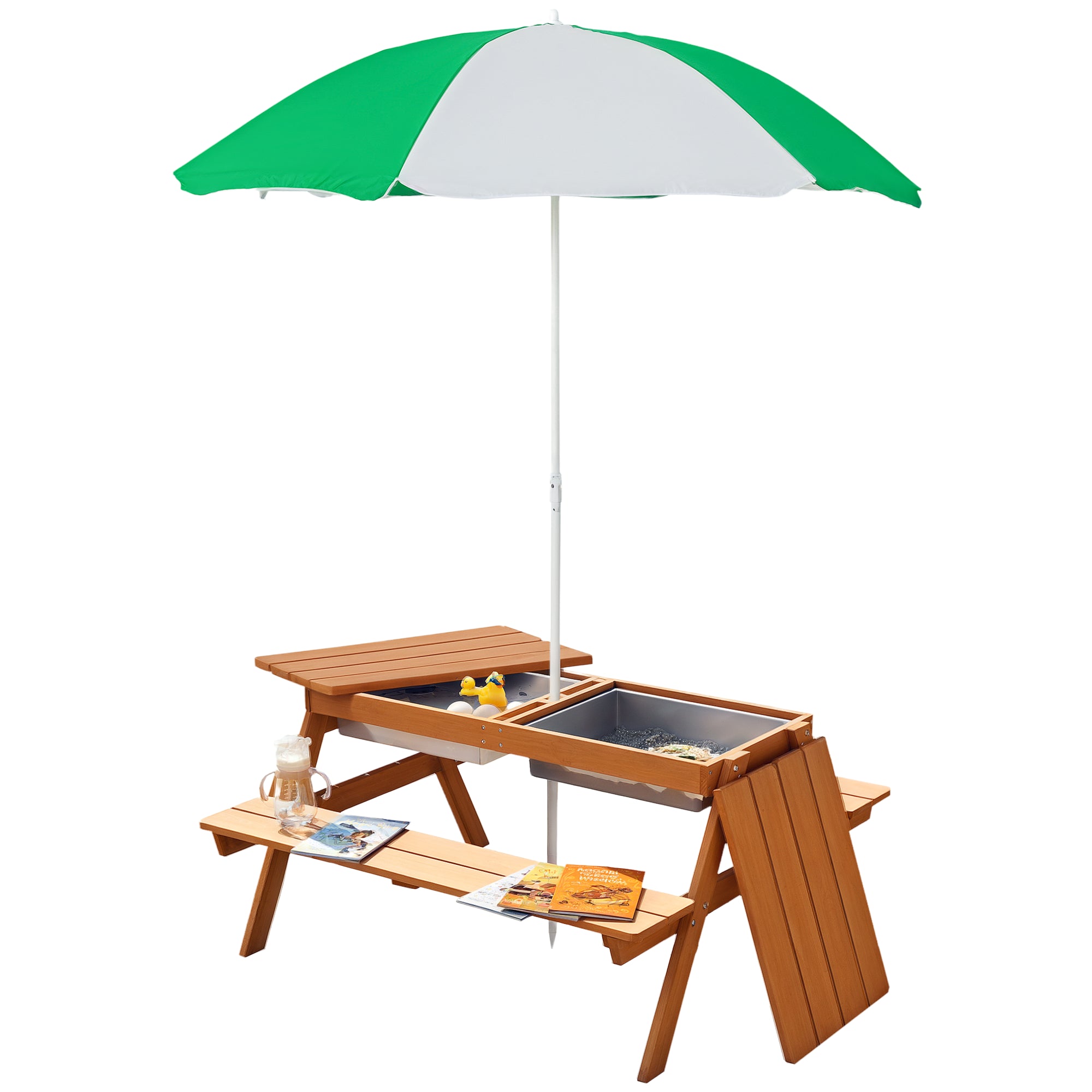 Wooden picnic table with green and white umbrella on a white background