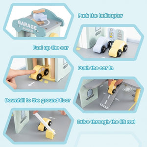 Complete wooden parking garage playset package display
