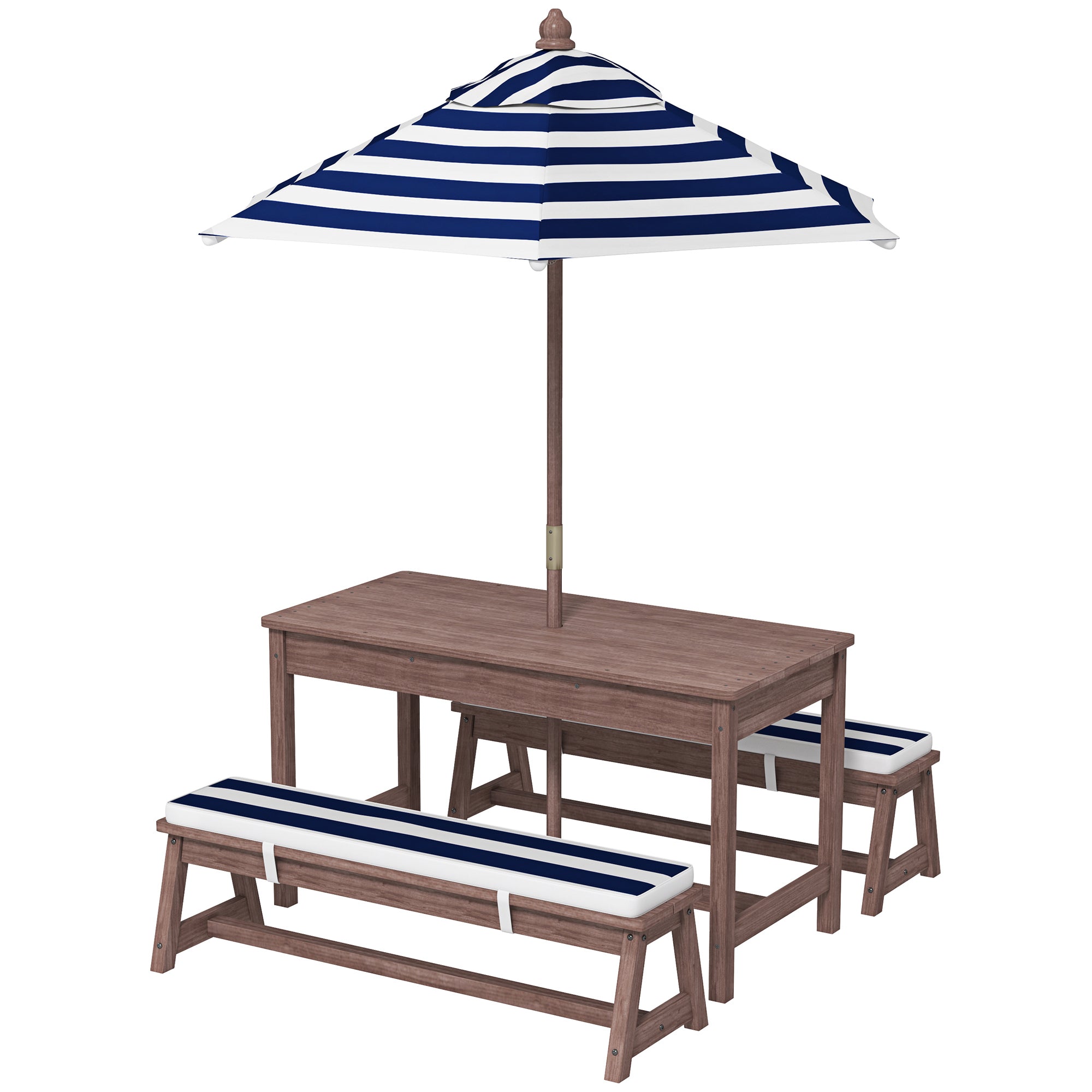 Outdoor furniture set with a wooden table and benches under a striped umbrella on a white background