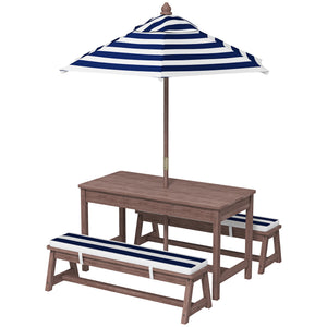Outdoor furniture set with a wooden table and benches under a striped umbrella on a white background