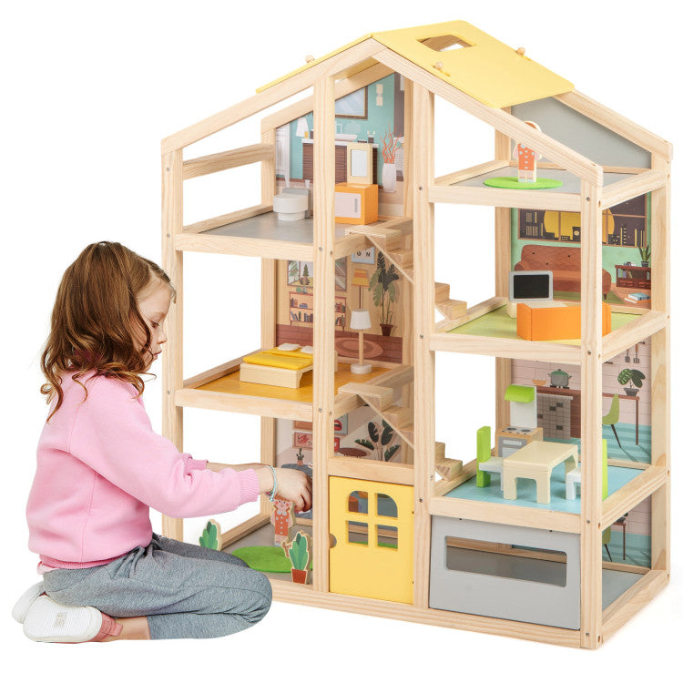 Wooden pretend play dollhouse for imaginative fun