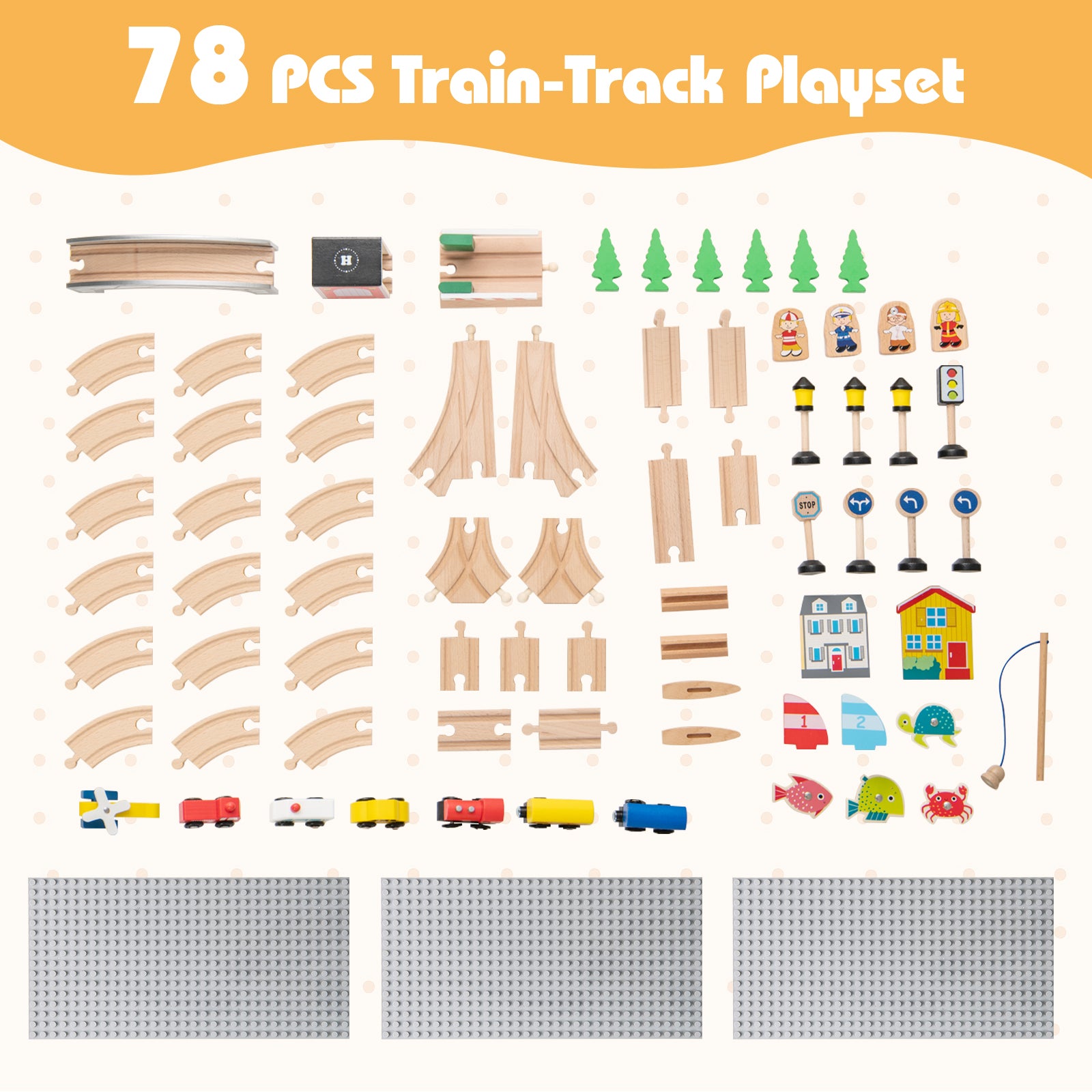 Wooden railroad playset with trains, bridges, and buildings for children