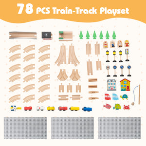 Wooden railroad playset with trains, bridges, and buildings for children