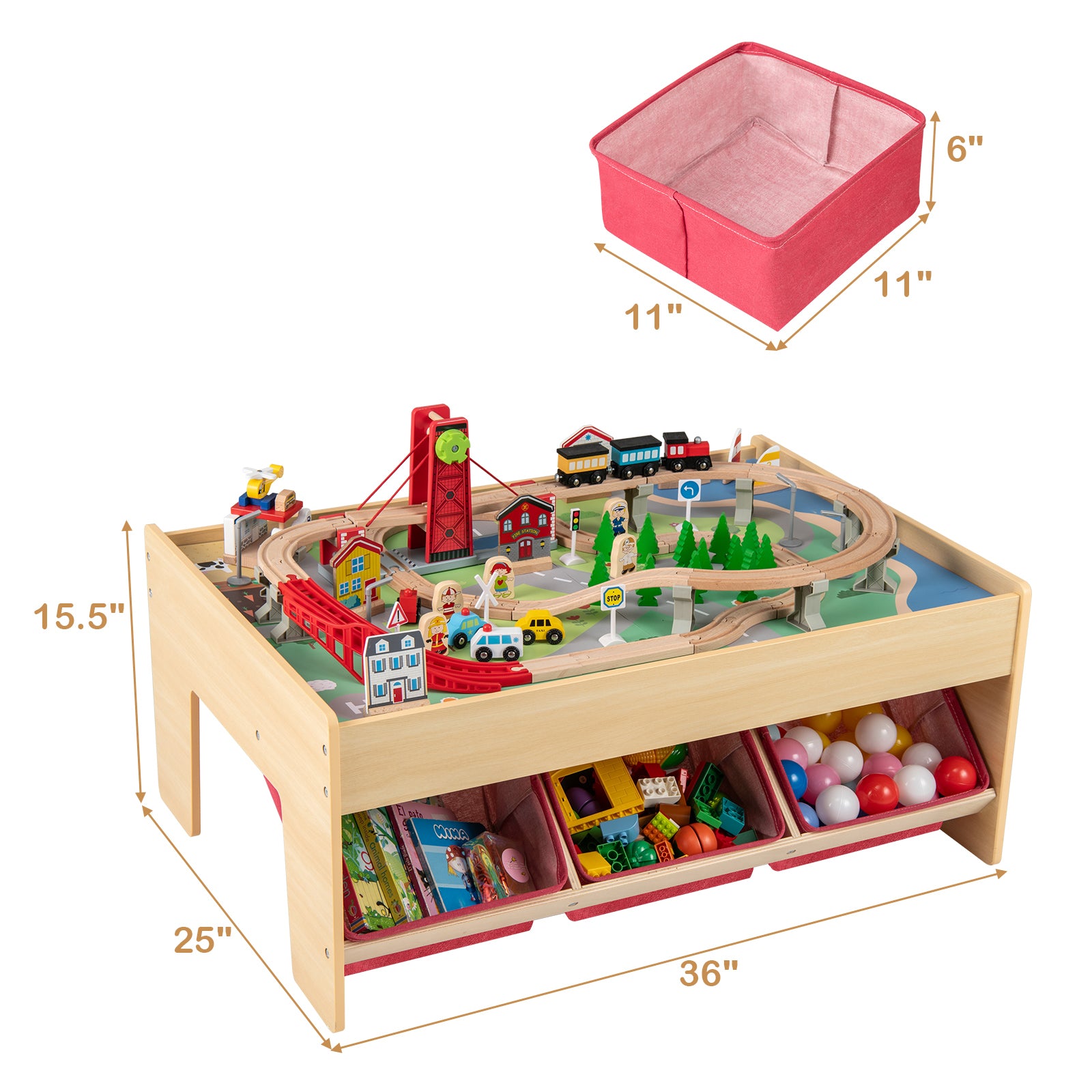 Wooden railway play table with magnetic trains and accessories