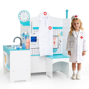 Children's play doctor set with a child in a medical costume on a white background