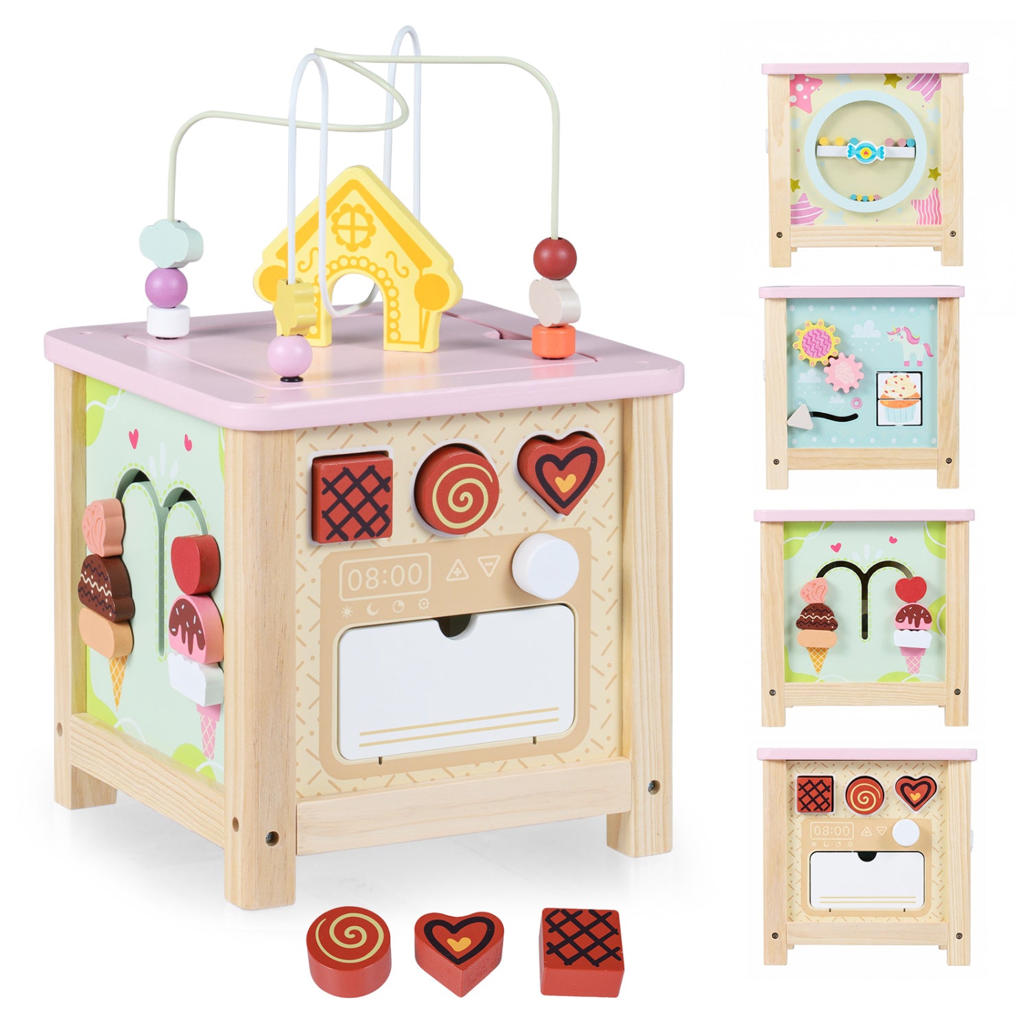 Wooden activity cube with removable shape sorter blocks for toddlers