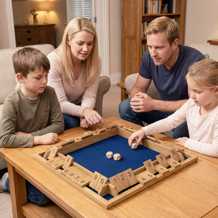 Large wooden shut the box game with numbered tiles
