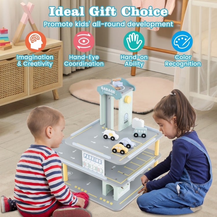 Top view of wooden parking garage with cars and helicopter