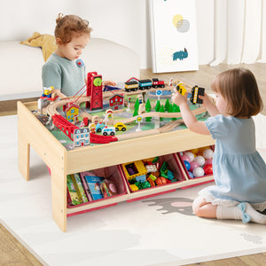 Wooden train set activity table with reversible tabletops for kids