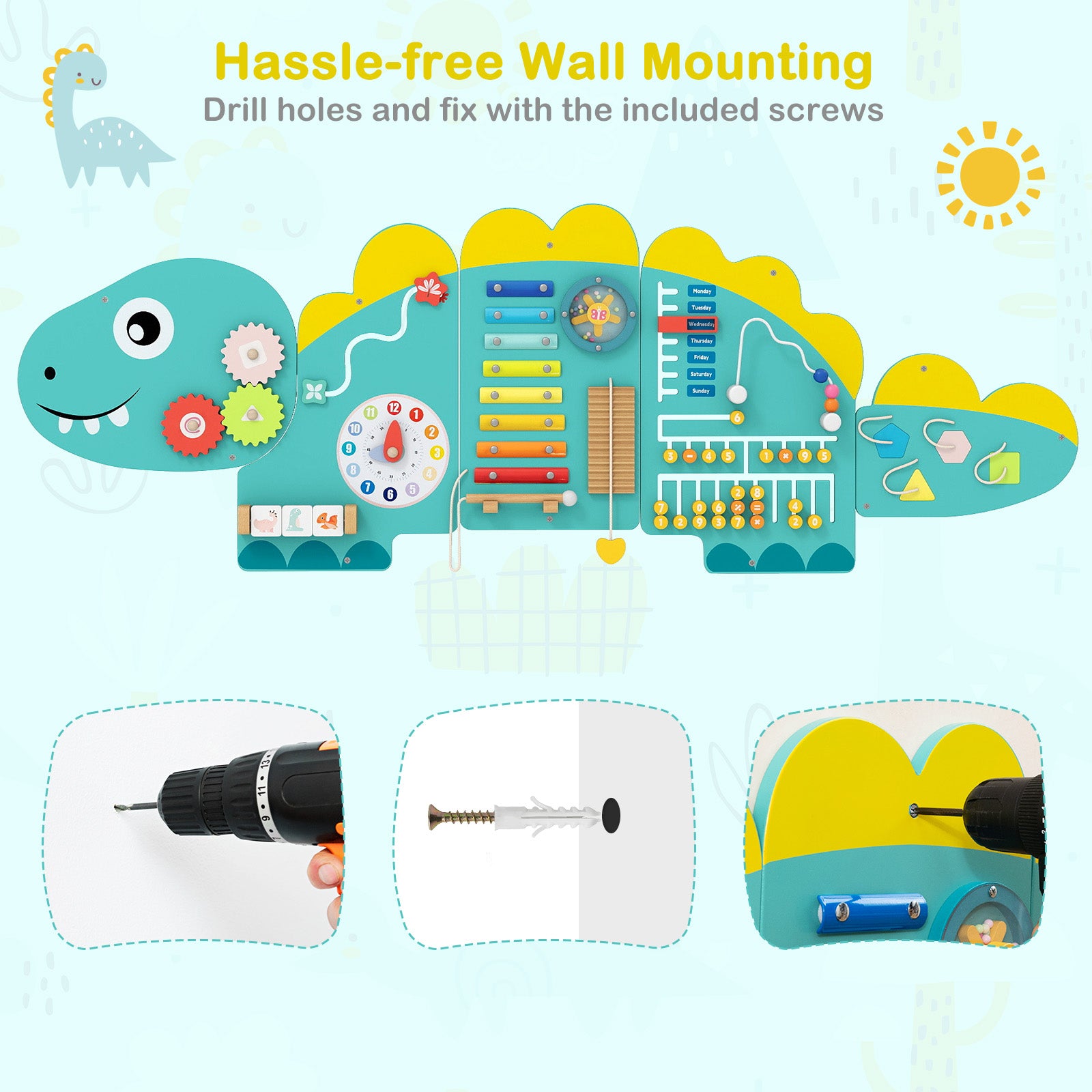 Wooden wall game panel for developing fine motor and thinking skills