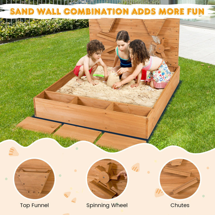 Wooden kids sandbox with storage and liner