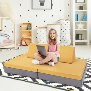 Yellow foldable kids play sofa with mats