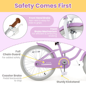 Purple children's bicycle with safety features highlighted on a pink background