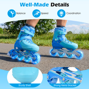 Blue inline skates with features highlighted on a scenic background