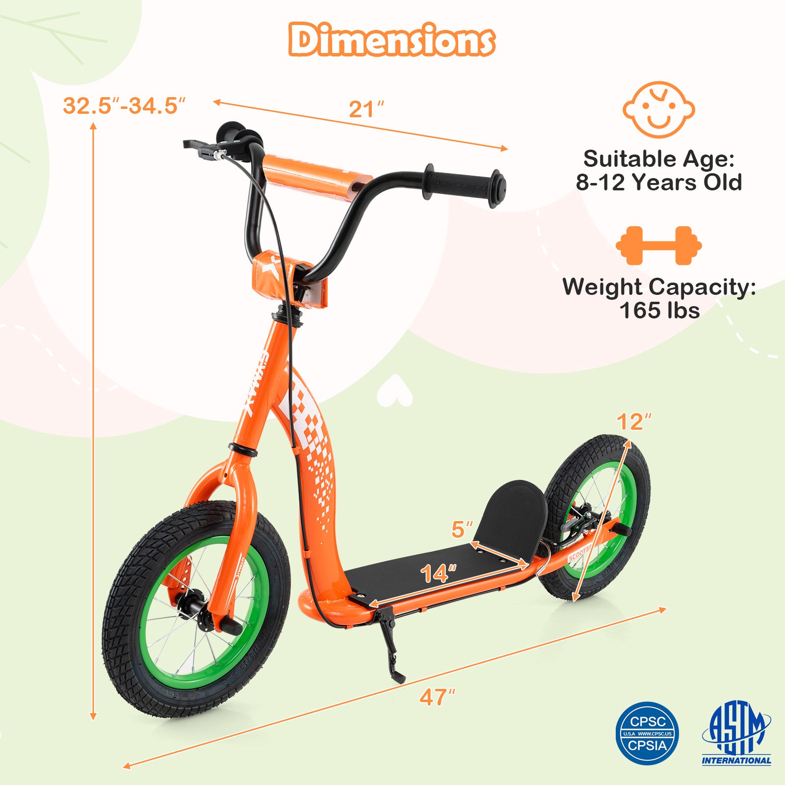 Orange scooter with dimensions and safety certification details on a light green background