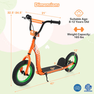 Orange scooter with dimensions and safety certification details on a light green background