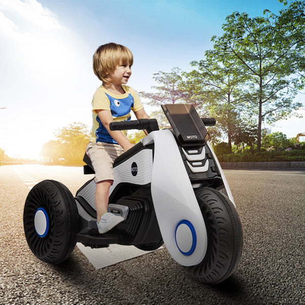 Children's Battery Powered 6V Electric Motorcycle 3 Wheels Double Drive, USB, Playback Music Functions, White